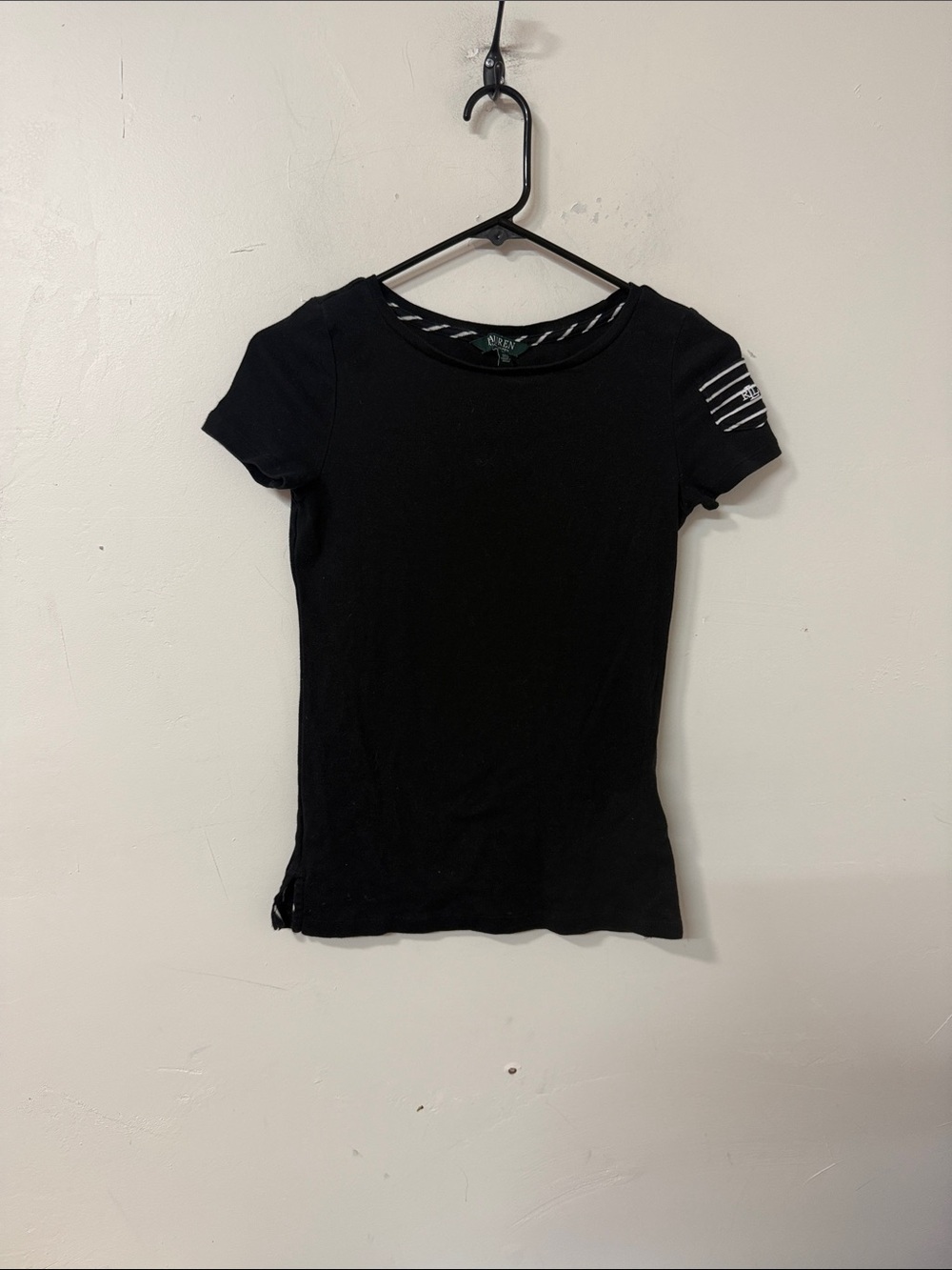 Lauren Ralph Lauren Black Short Sleeve Crewneck Tee with Sleeve Stripes